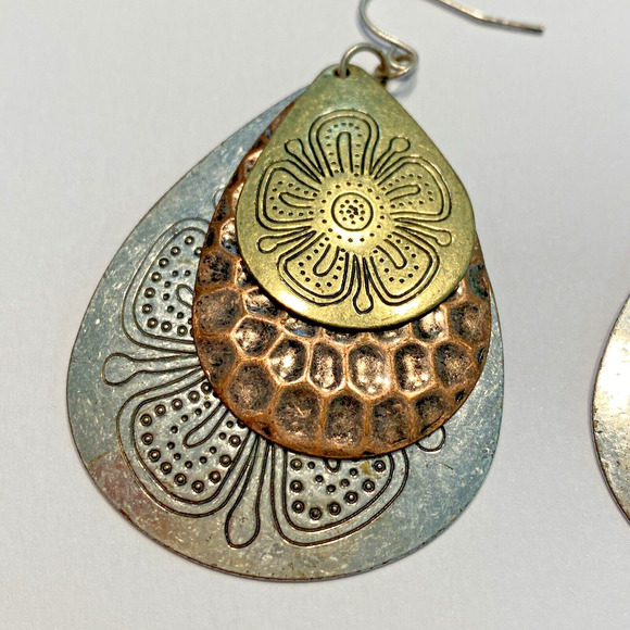 Boho Pierced Earrings Huge Embossed Teardrops Gold Silver Copper Festival Chic - Picture 3 of 7